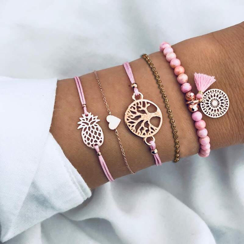 

5pcs Pineapple & Beaded Bracelet, Pink