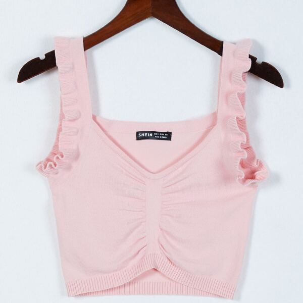 

Ruffle Trim Ruched Knit Top, Baby pink