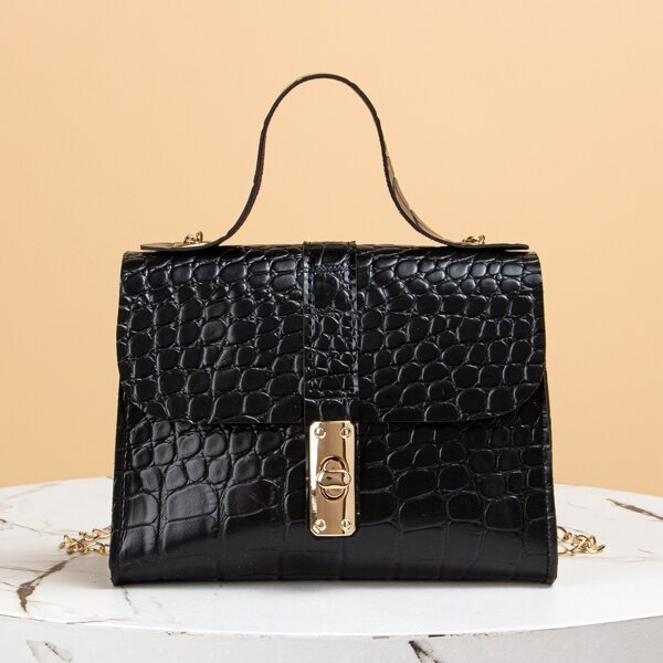 

Turn-lock Croc Embossed Satchel Bag, Black