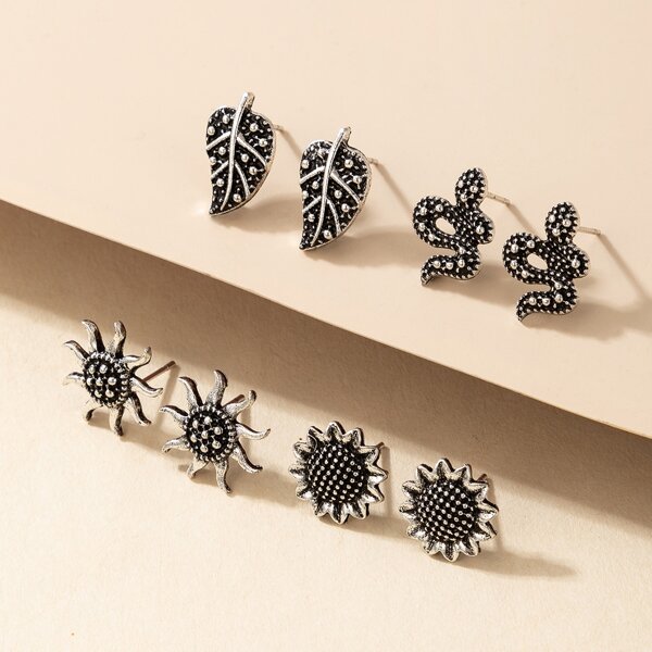 

4pairs Snake & Leaf Design Stud Earrings, Silver