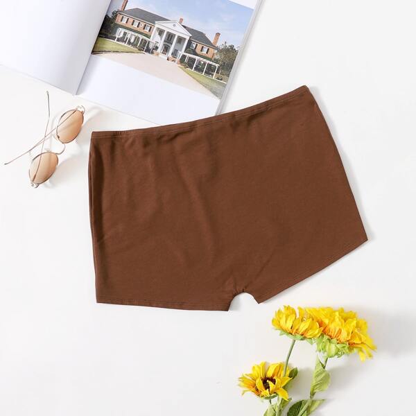 

Elastic Waist Solid Biker Shorts, Chocolate brown