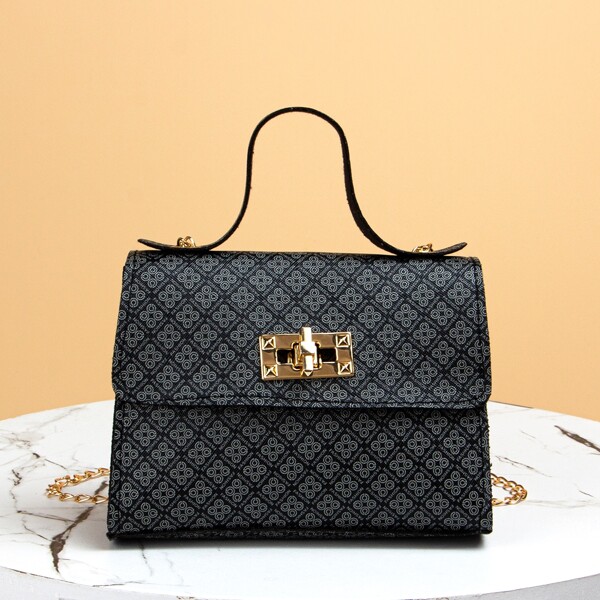 

Turn-lock Graphic Satchel Bag, Black