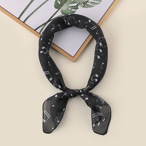 

Music Note Print Scarf, Black