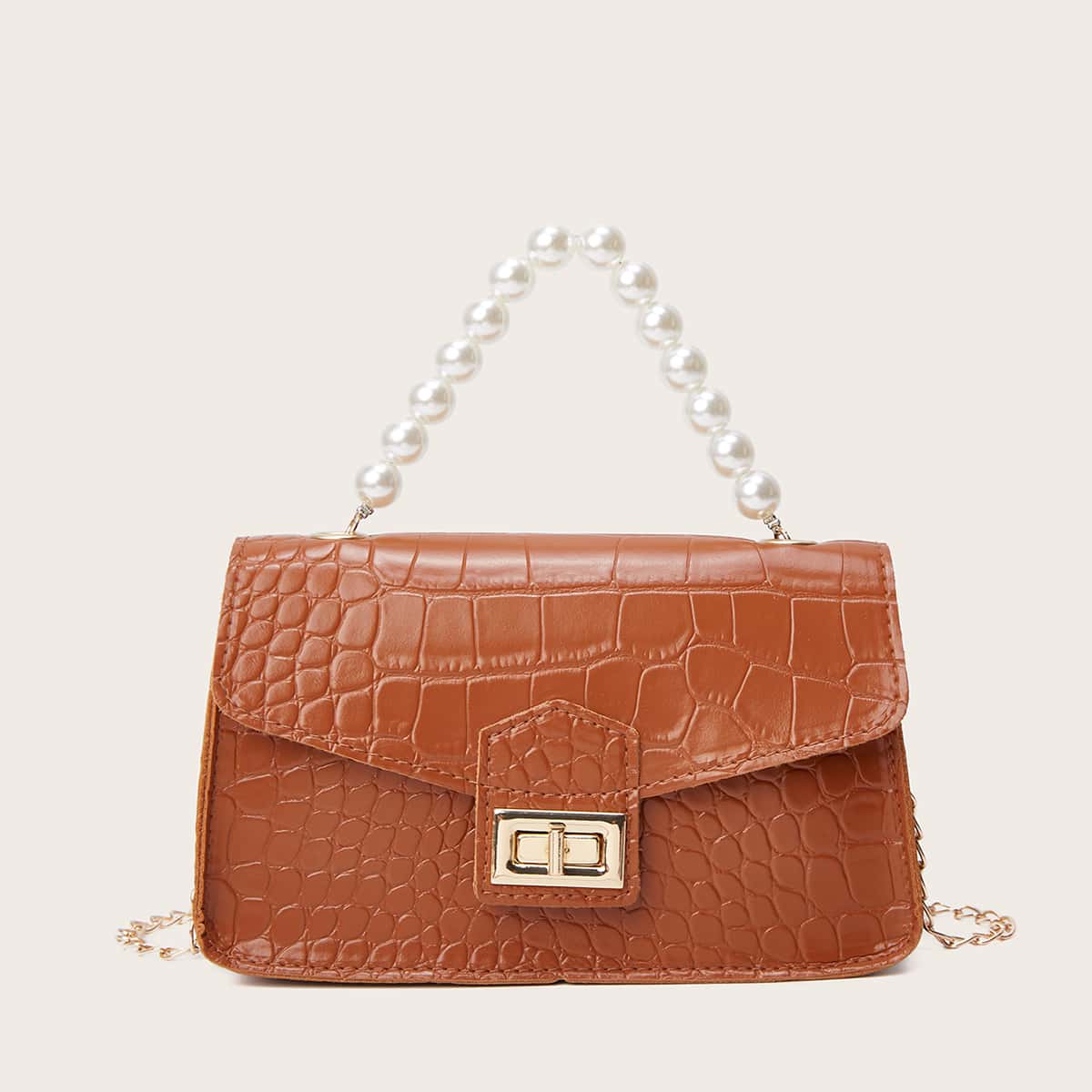 

Croc Embossed Faux Pearl Handle Satchel Bag, Brown