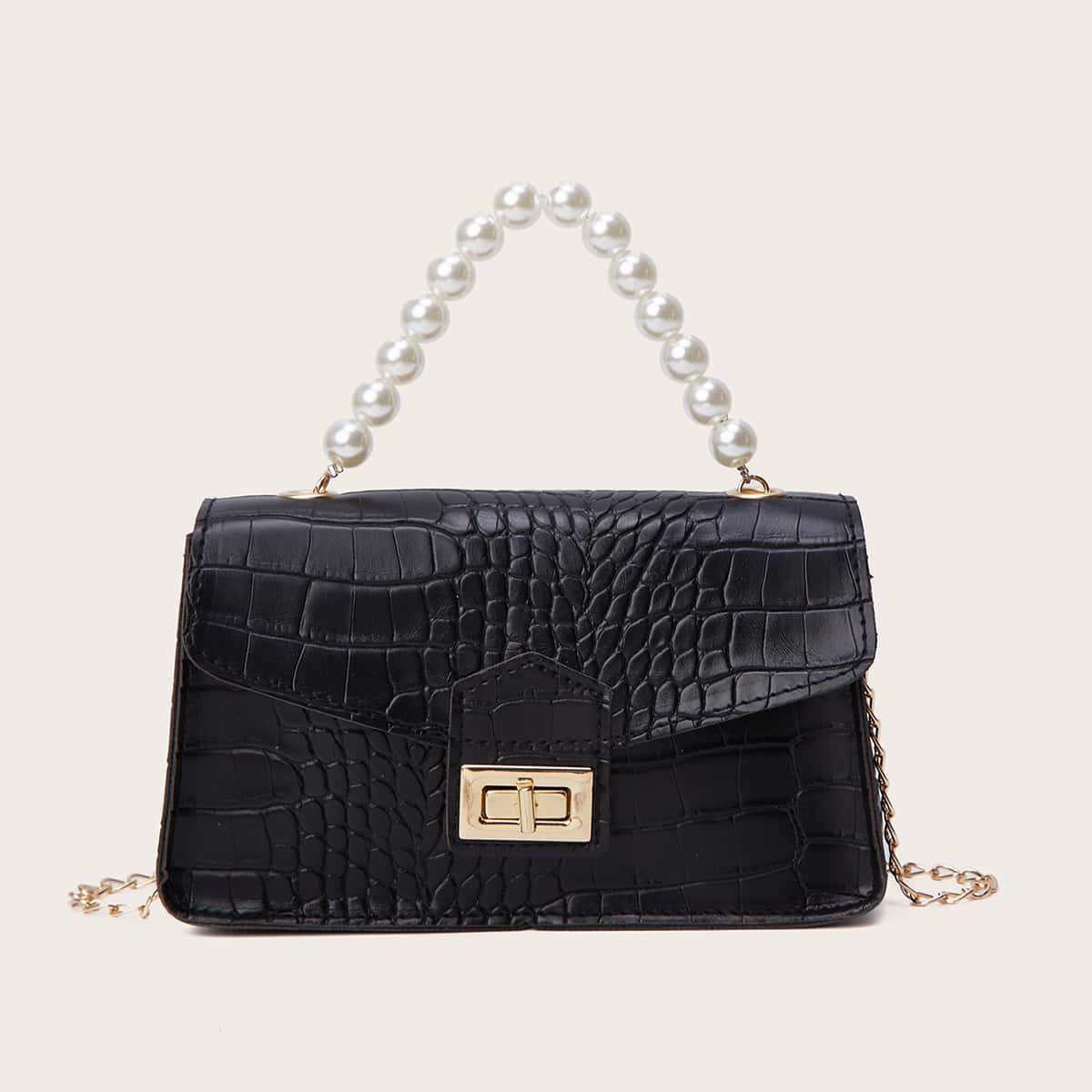 

Croc Embossed Faux Pearl Handle Satchel Bag, Black
