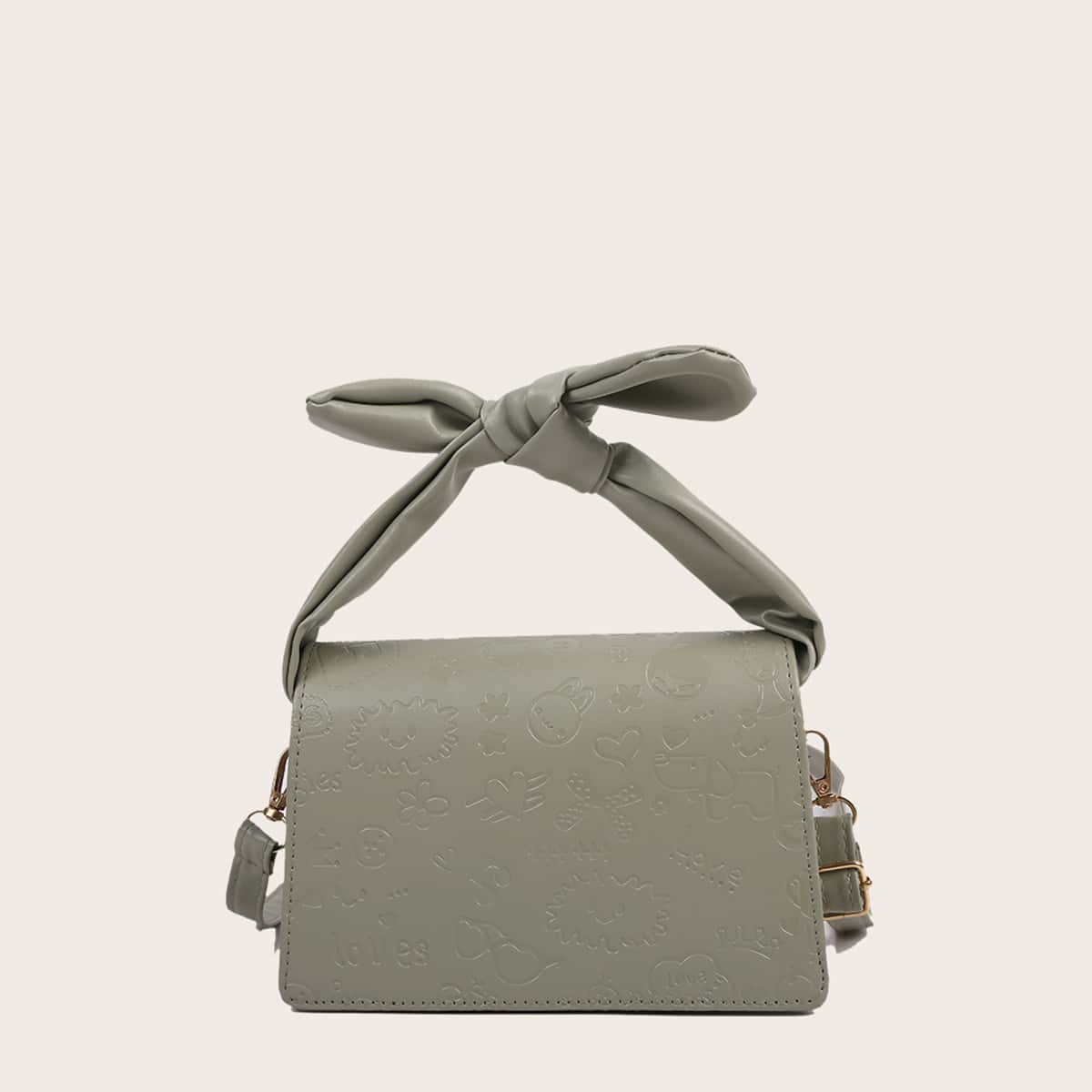 

Cartoon Embossed Knot Handle Satchel Bag, Green