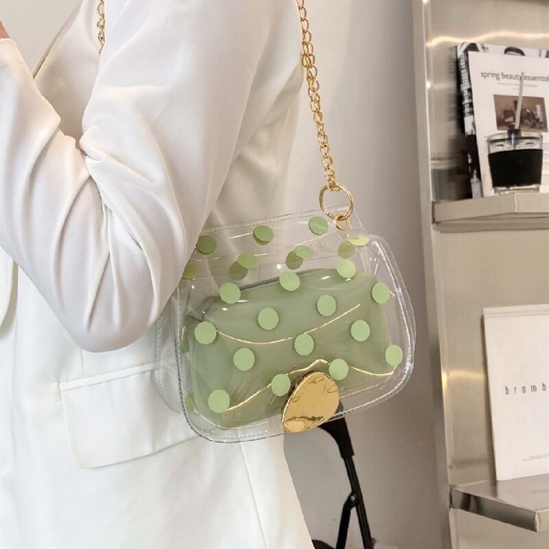 

Clear Polka Dot Chain Bag With Inner Pouch, Green