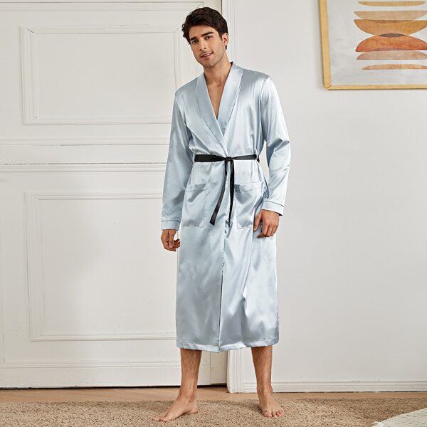 

Men Shawl Neck Self Belted Robe, Baby blue