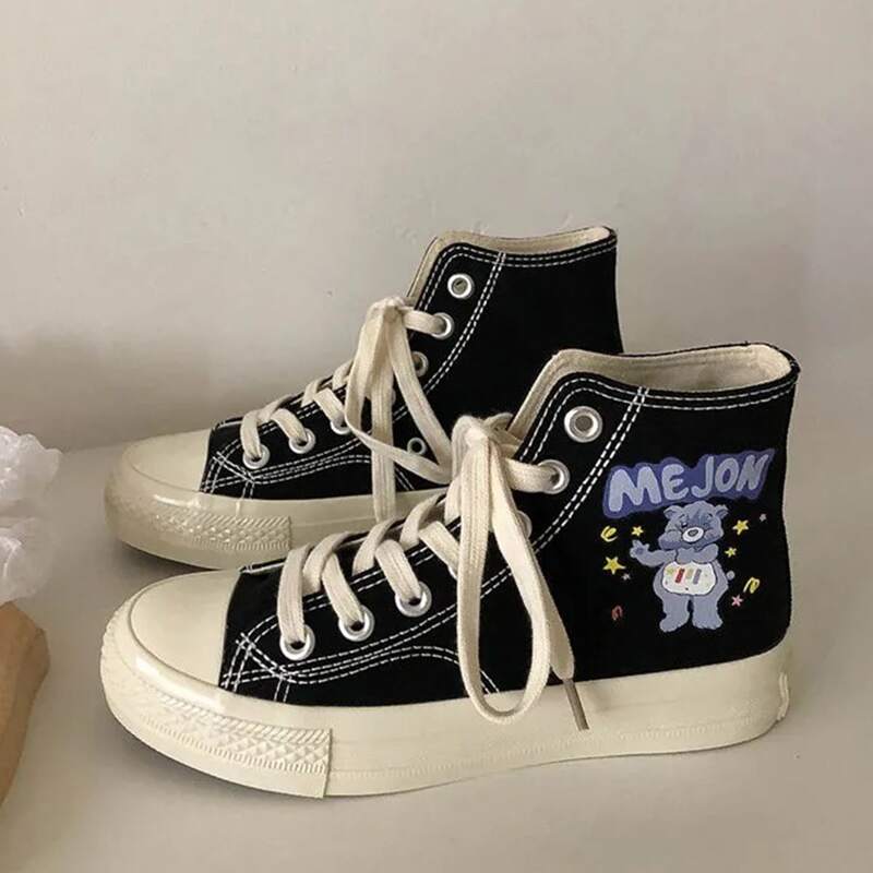 

Cartoon Lace-up High Top Canvas Sneakers, Black