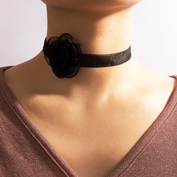 

Flower Decor Lace Choker, Black