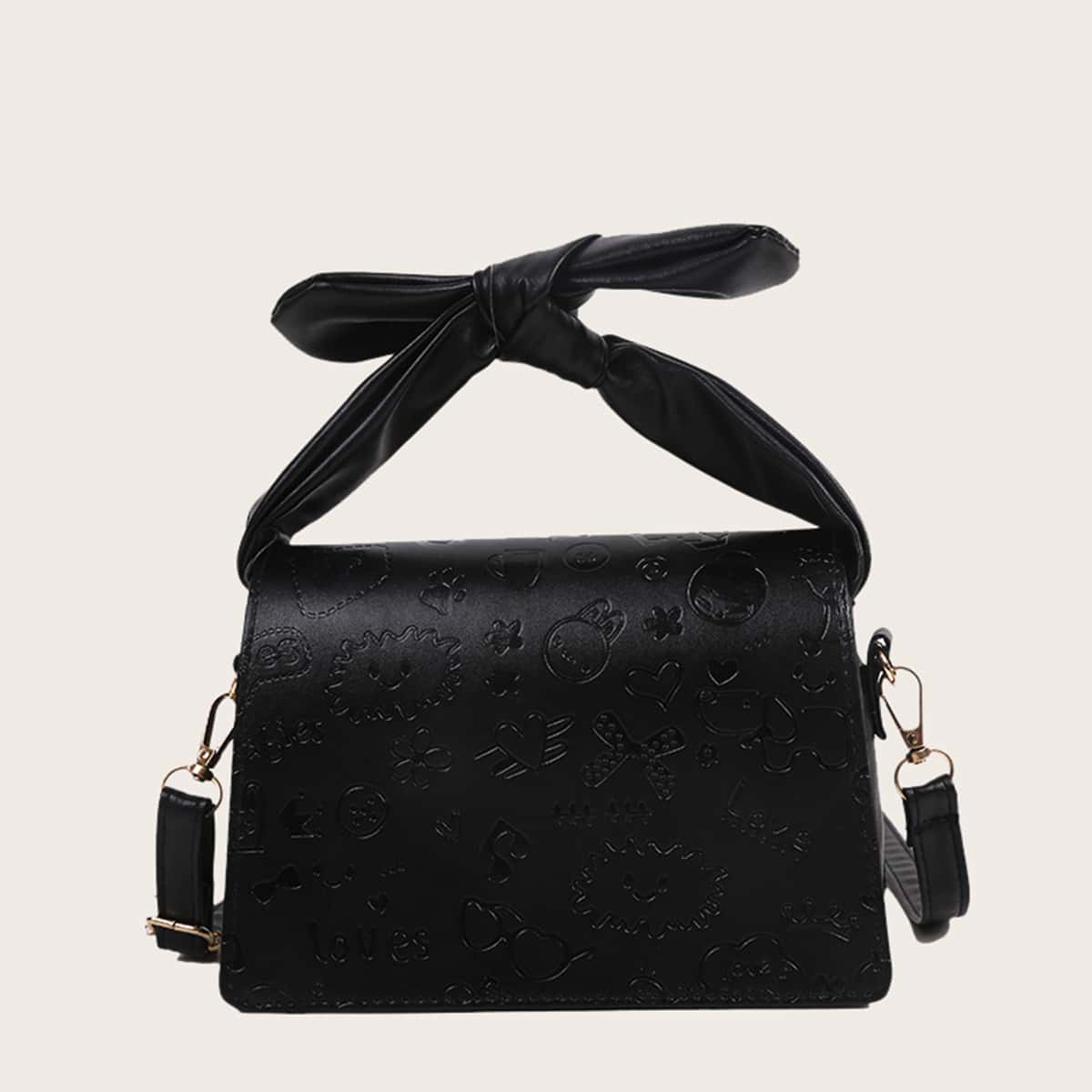 

Cartoon Embossed Knot Handle Satchel Bag, Black