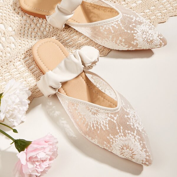 

Mesh Panel Flat Mules, Beige