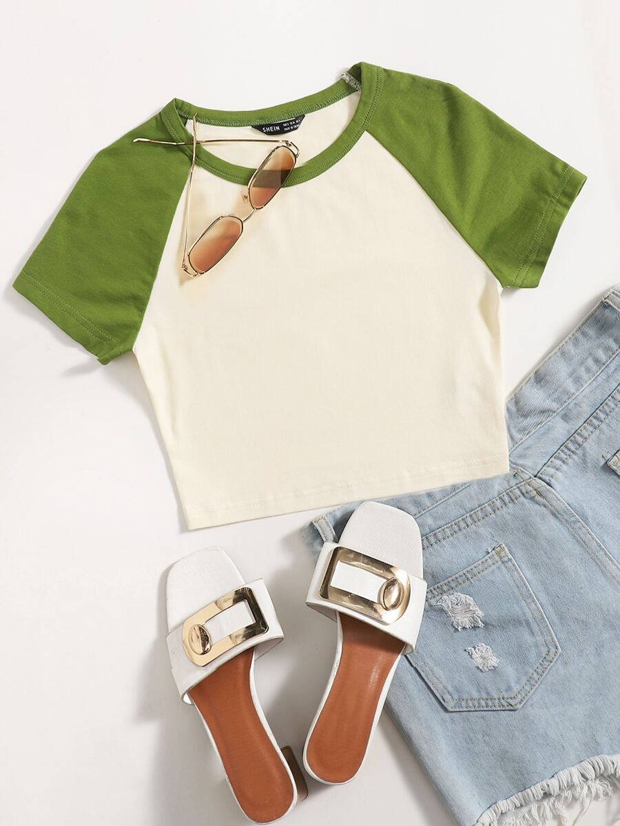 SHEIN EZwear Raglan Sleeve Two Tone Crop Top - Beige - View 1