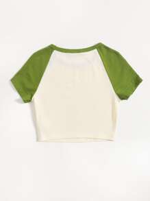 SHEIN EZwear Raglan Sleeve Two Tone Crop Top - Beige - View 2