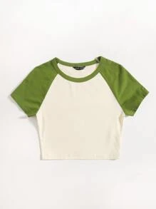 SHEIN EZwear Raglan Sleeve Two Tone Crop Top - Beige - View 5