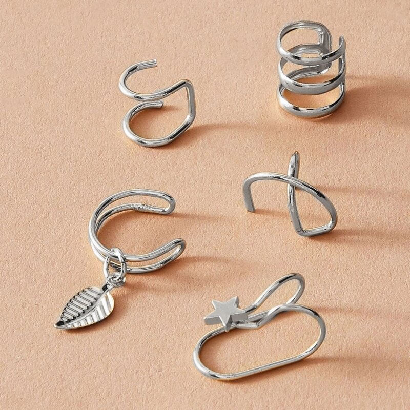 

5pcs Star & Leaf Design Ear Cuff, Silver