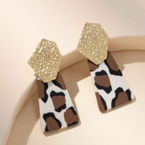 

Leopard Print Geometric Drop Earrings, Coffee brown