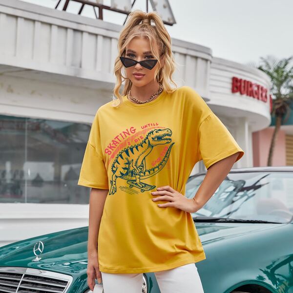 

Dinosaur & Letter Graphic Oversized Tee, Yellow