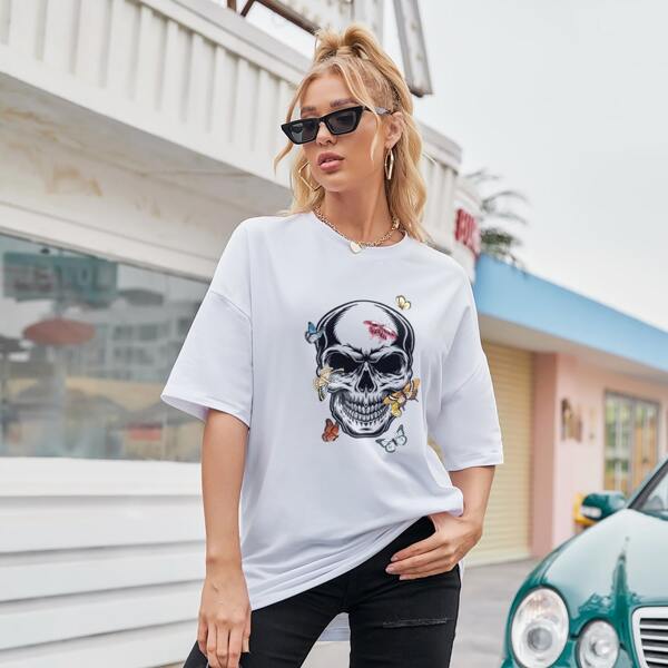 

Skull & Floral Drop Shoulder Tee, White
