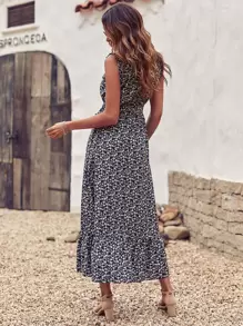 SHEIN Holidaya Vestido Floreado Con Dobladillo Con Volantes Y Cinturón - Multicolor - Ver 2