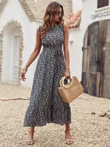 SHEIN Holidaya Vestido Floreado Con Dobladillo Con Volantes Y Cinturón - Multicolor - Ver 3