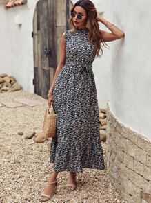 SHEIN Holidaya Vestido Floreado Con Dobladillo Con Volantes Y Cinturón - Multicolor - Ver 4