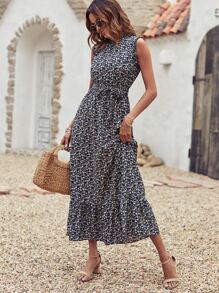 SHEIN Holidaya Vestido Floreado Con Dobladillo Con Volantes Y Cinturón - Multicolor - Ver 5