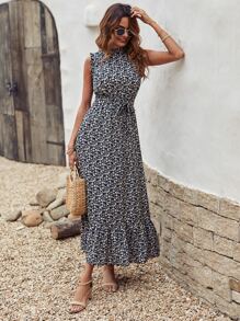 SHEIN Holidaya Vestido Floreado Con Dobladillo Con Volantes Y Cinturón - Multicolor - Ver 6