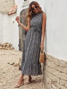 SHEIN Holidaya Vestido Floreado Con Dobladillo Con Volantes Y Cinturón - Multicolor - Ver 7