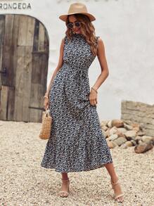 SHEIN Holidaya Vestido Floreado Con Dobladillo Con Volantes Y Cinturón - Multicolor - Ver 8