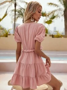褶邊泡泡袖A字型洋裝 - 藕粉色 - 查看 2