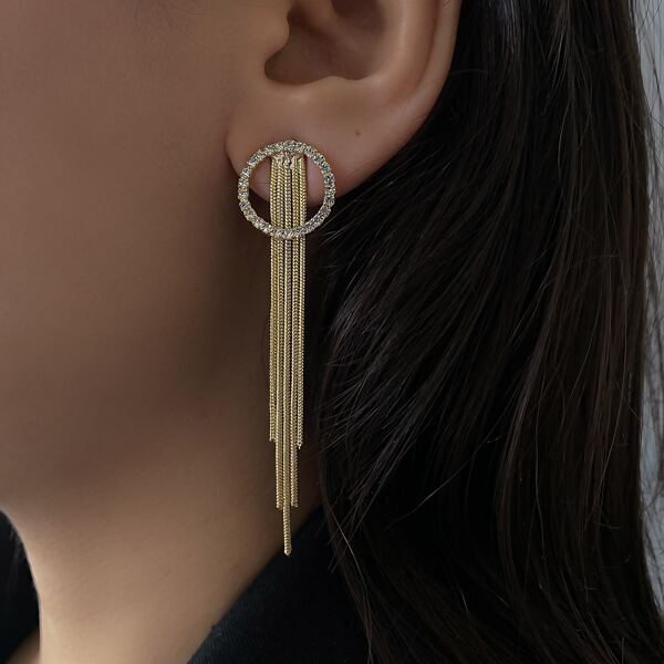 

Rhinestone Round Decor Tassel Drop Earrings, Gold