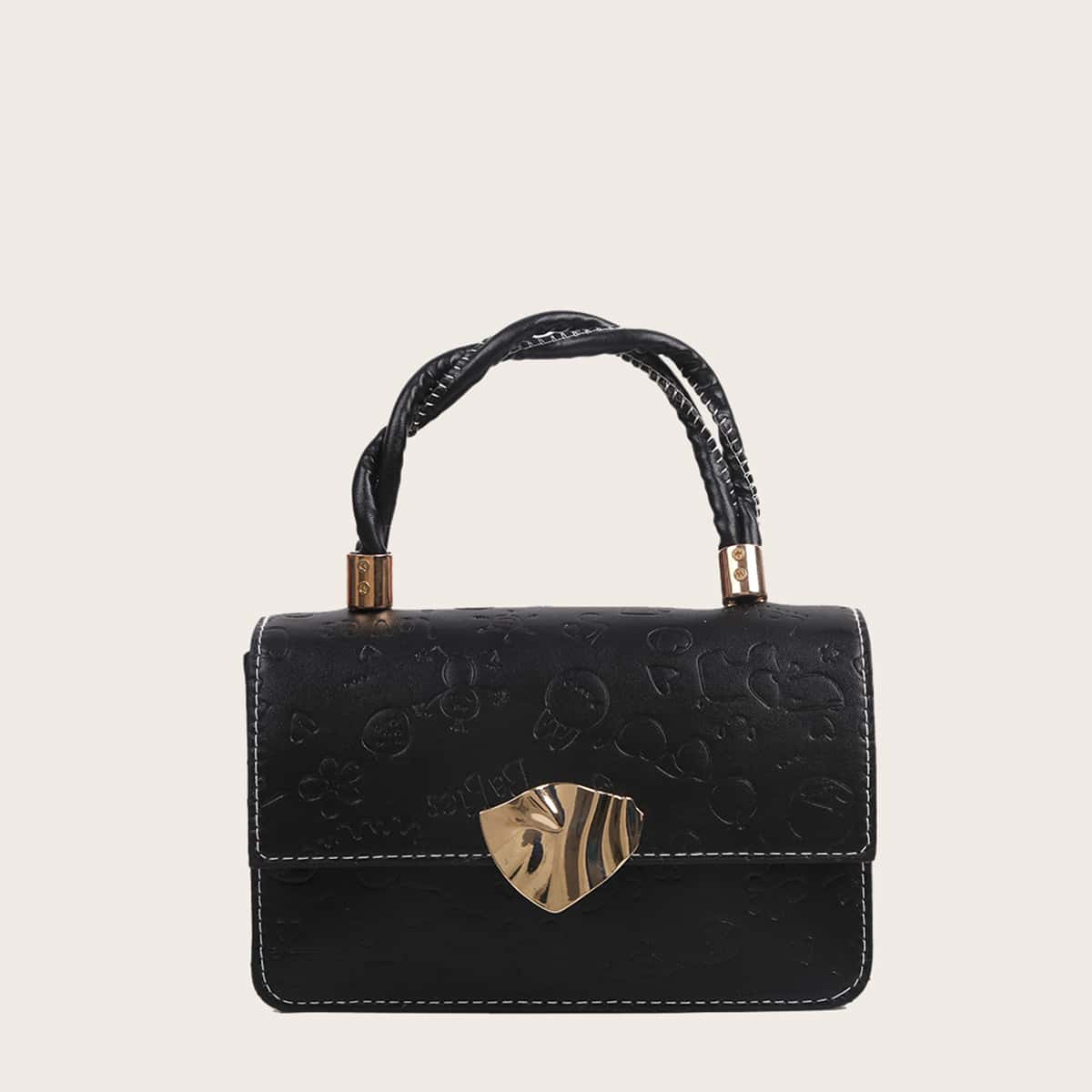 

Cartoon Embossed Chain Satchel Bag, Black