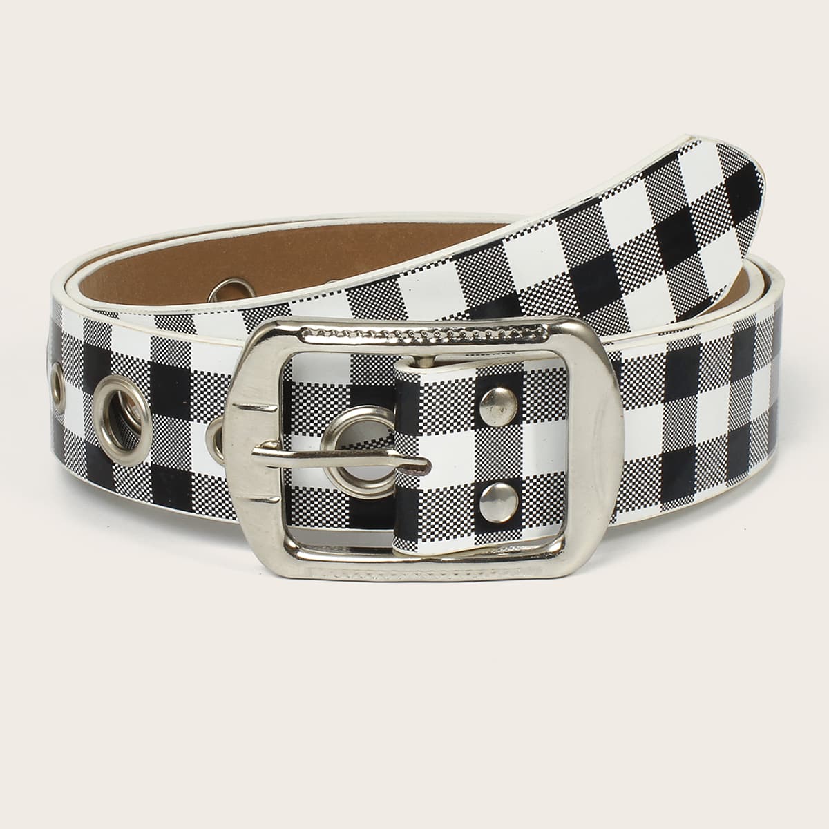 Plaid Grommet Belt, Black and white
