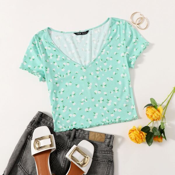

Ditsy Floral Lettuce Trim Rib-knit Tee, Mint green