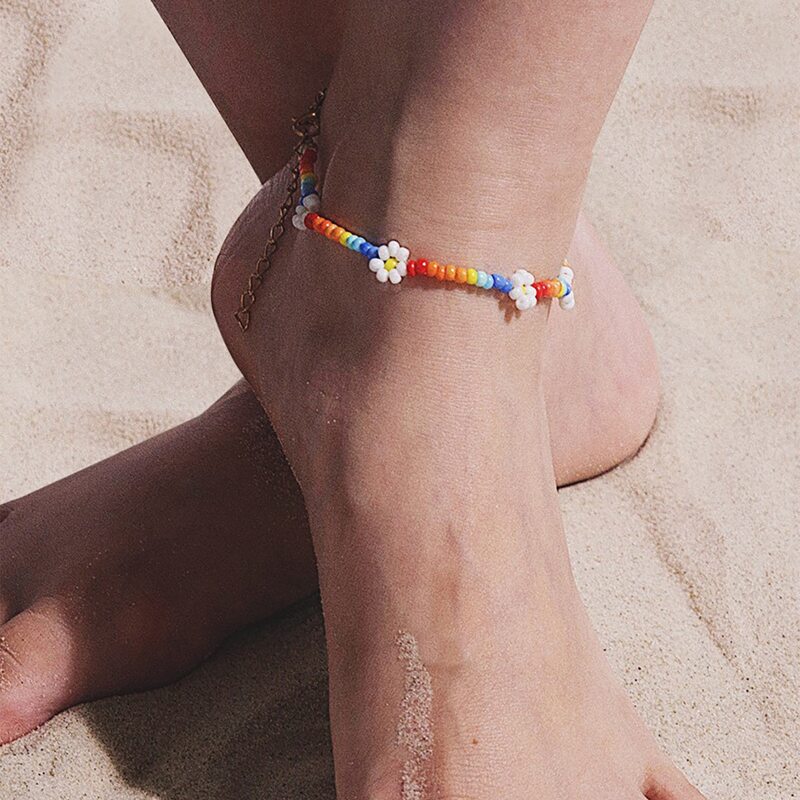 

1pc Daisy Flower Beaded Anklet, Multicolor