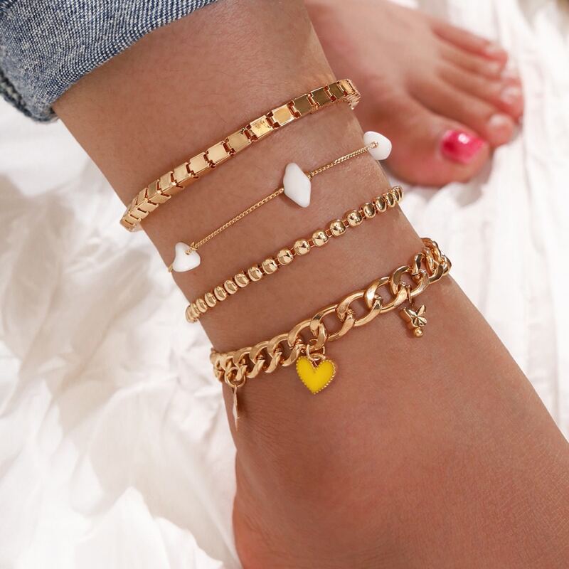 

4pcs Chain & Heart Charm Anklet, Gold