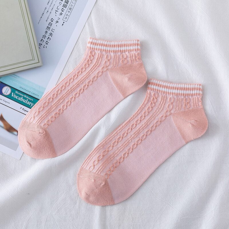

1pair Striped Trim Textured Socks, Pink