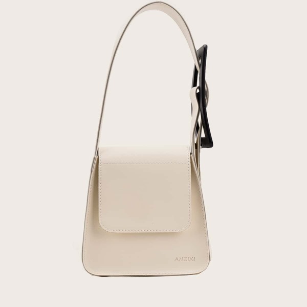 

Letter Embossed Flap Shoulder Bag, Beige