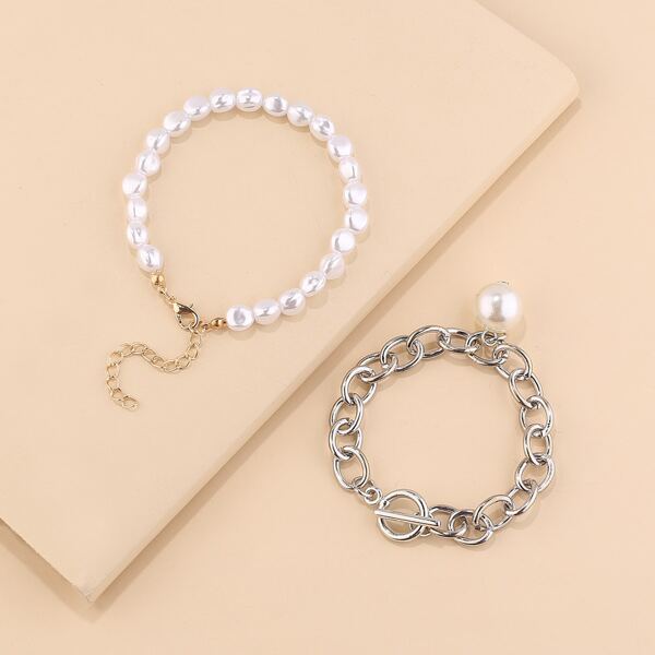 

2pcs Faux Pearl Decor Bracelet, White