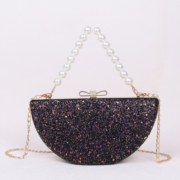 

Faux Pearl Handle Glitter Clutch Bag, Black