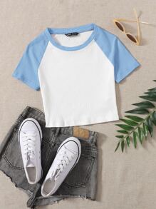 SHEIN EZwear Colourblock Raglan Sleeve Crop Tee - White - View 1
