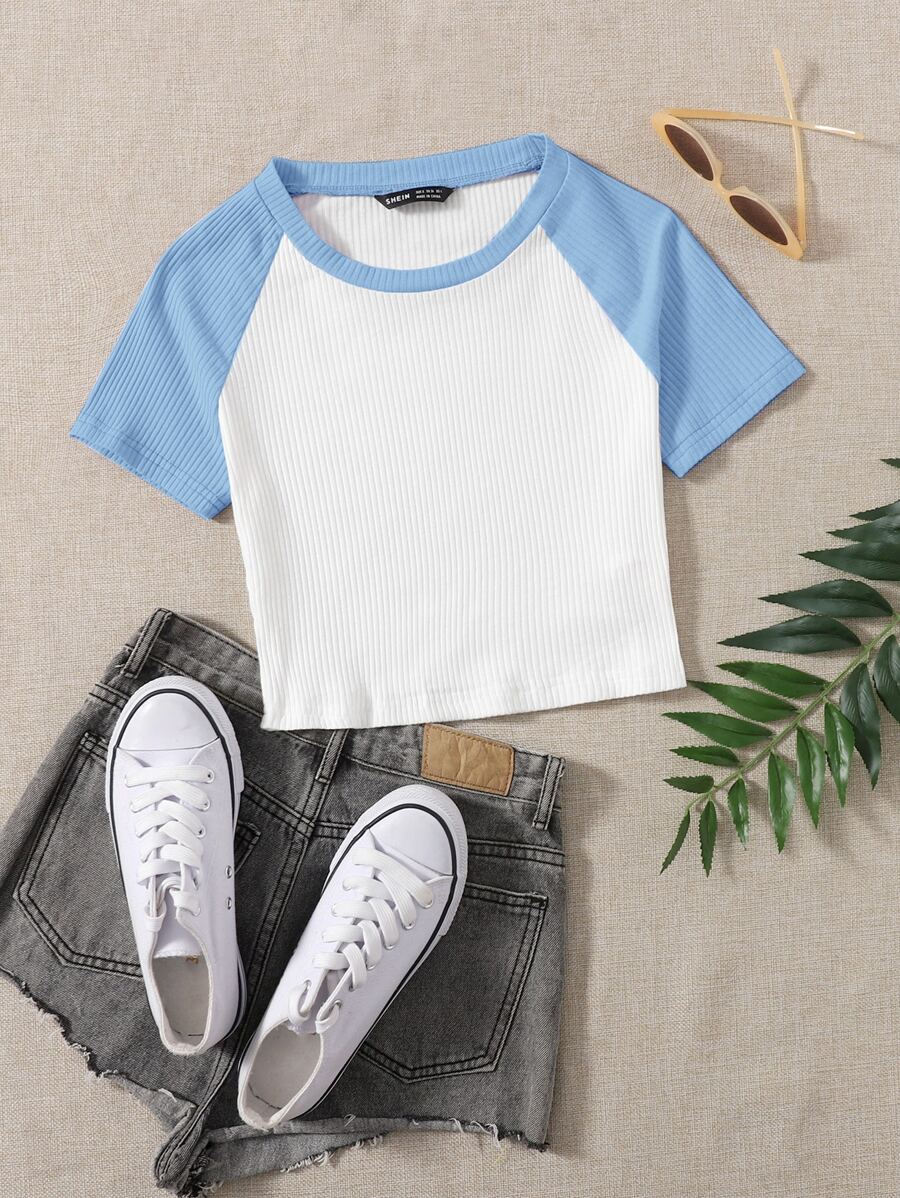 SHEIN EZwear Colourblock Raglan Sleeve Crop Tee - White - View 1