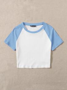 SHEIN EZwear Colourblock Raglan Sleeve Crop Tee - White - View 4