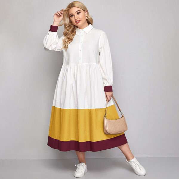 

Plus Collared Buttoned Front Colorblock Dress, White