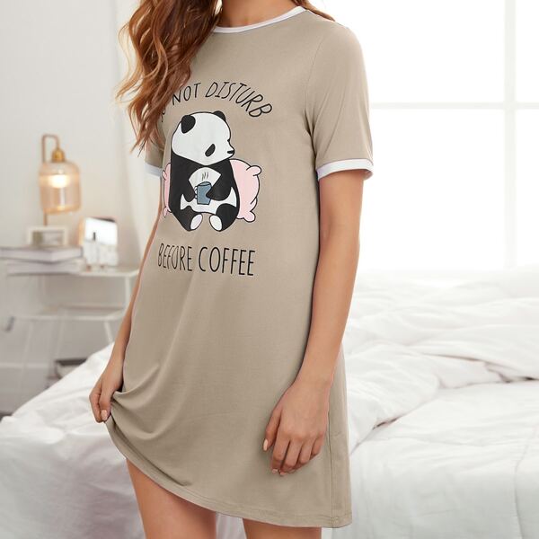 

Slogan & Cartoon Graphic Nightdress, Apricot
