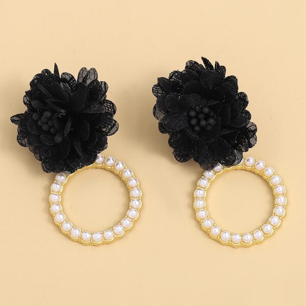 

Flower Decor Faux Pearl Round Drop Earrings, Black