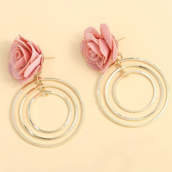 

Flower Decor Layered Round Drop Earrings, Pink