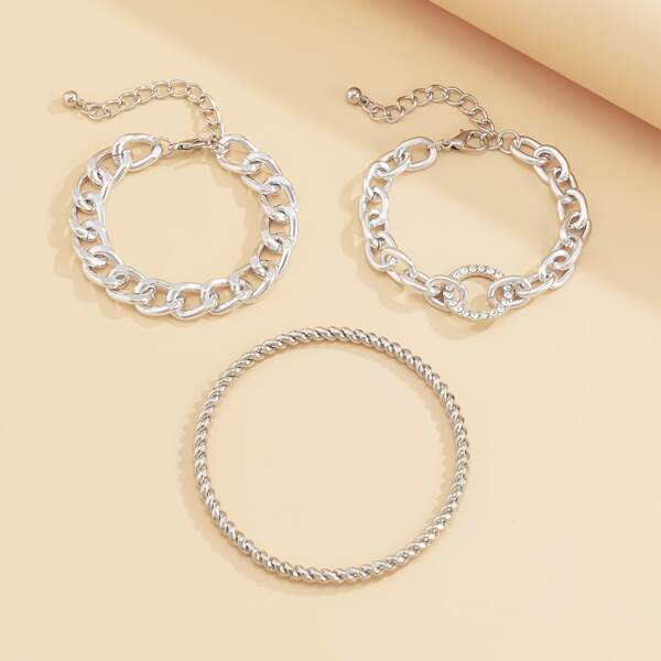 

3pcs Rhinestone Round Decor Chain Bracelet, Silver
