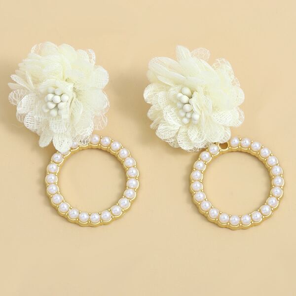 

Flower Decor Faux Pearl Round Drop Earrings, White